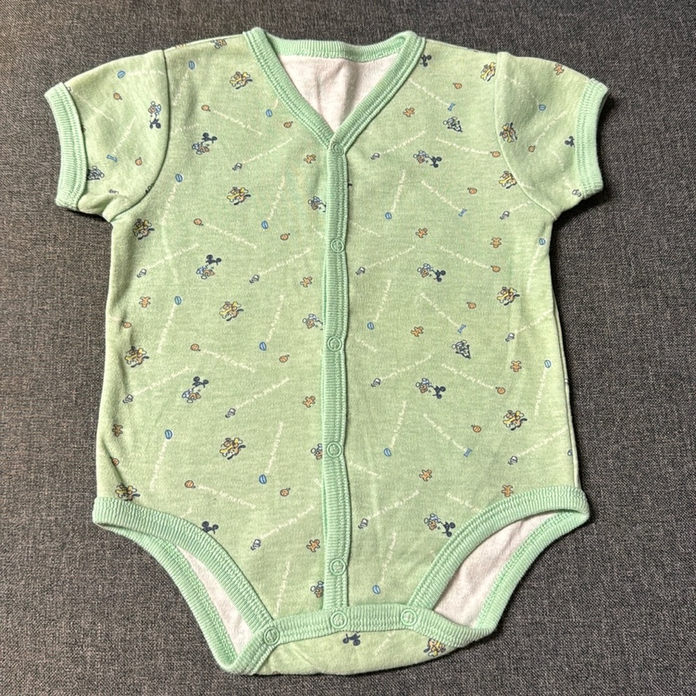 Minnie Mouse Pluto Yummy for my Tummy Green Jumpsuit Snaps Short Sleeve 6-9 Mos.
